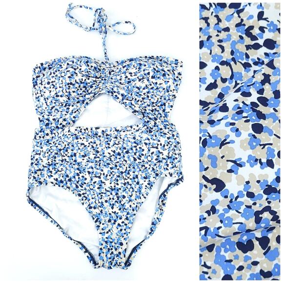 MICHAEL Michael Kors One Piece Swimsuit Monokini Size 10 Blue Tan Floral Ditzy - Picture 1 of 8